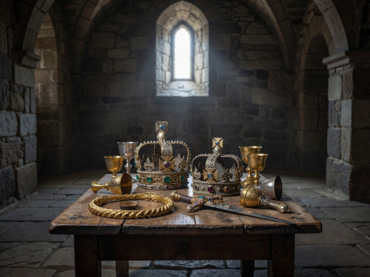 Ancient royal gallery displaying crowns, gems, game symbols, and golden treasures