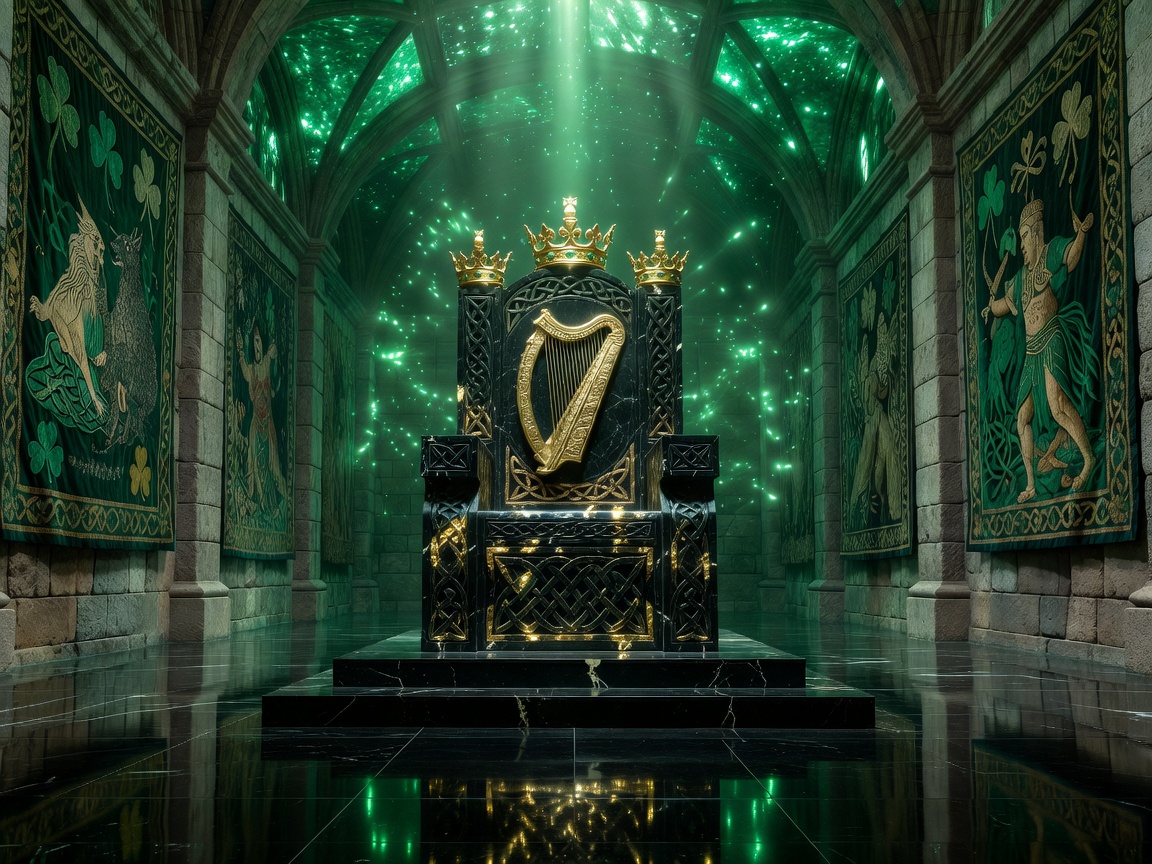 Magnificent throne room illuminated by emerald light, decorated with Irish Crown symbols