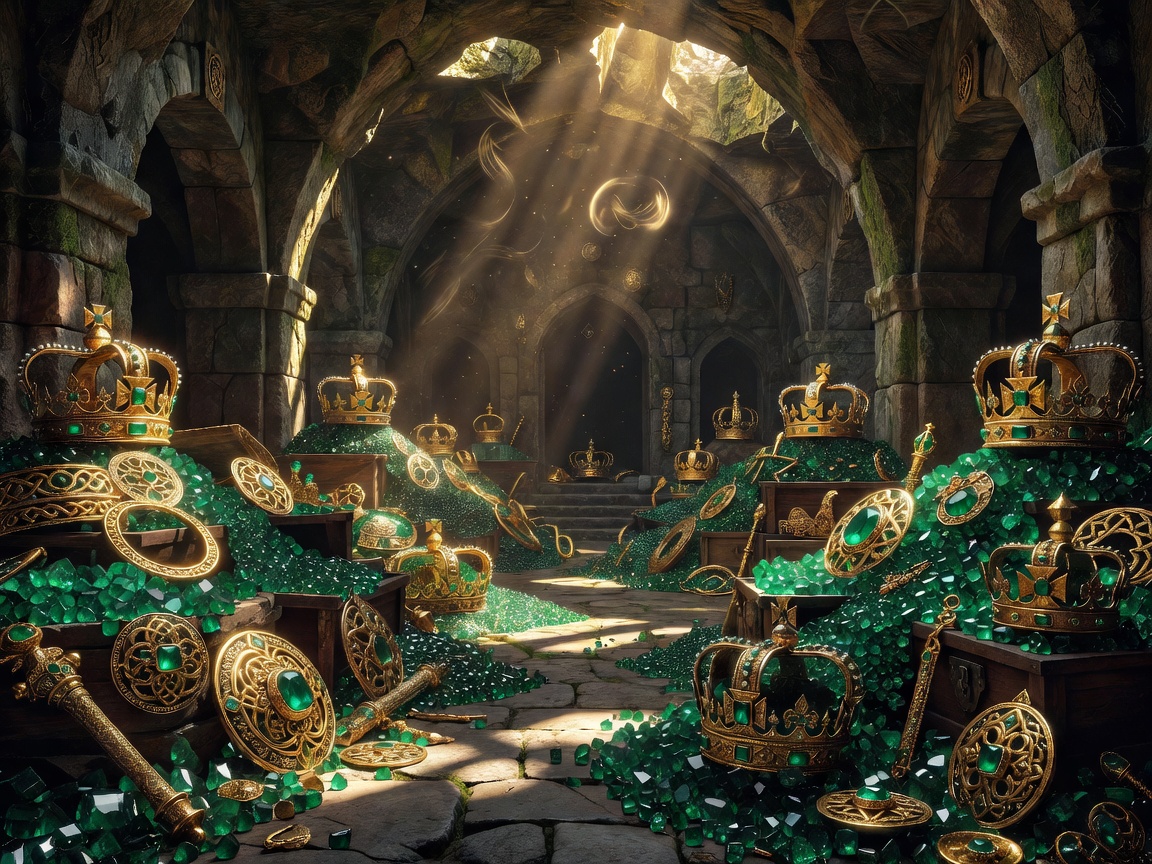 Massive treasure chamber containing Irish Crown symbols, golden relics, and shimmering emeralds